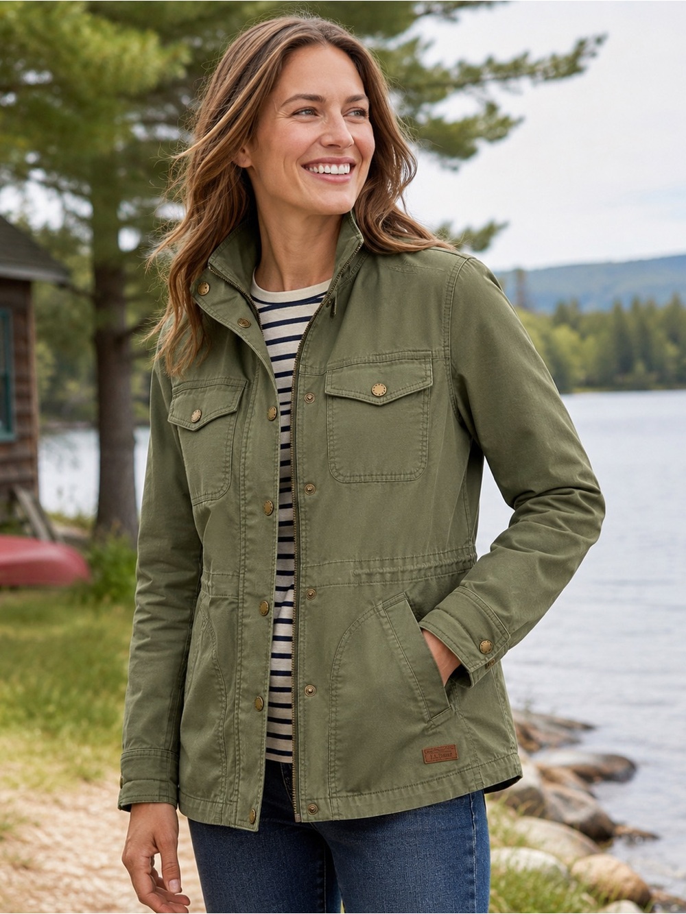 L.L.Bean BeanFlex Utility Jacket Women L Regular Olive Green Field Coat Stretch